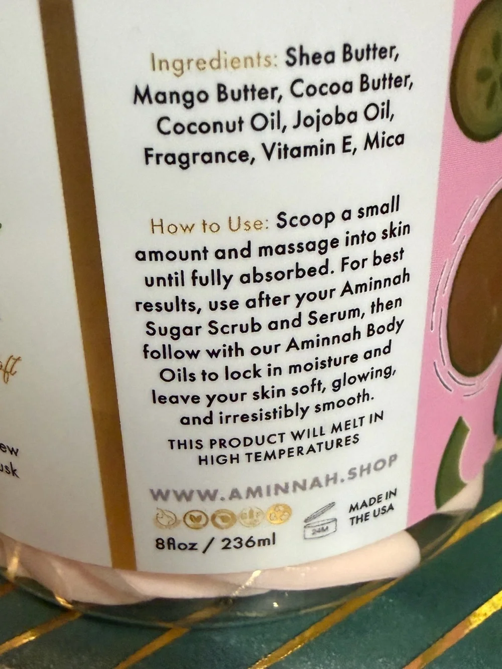 Aminnah Cucumber Melon Whipped Body Butter 8 oz New
